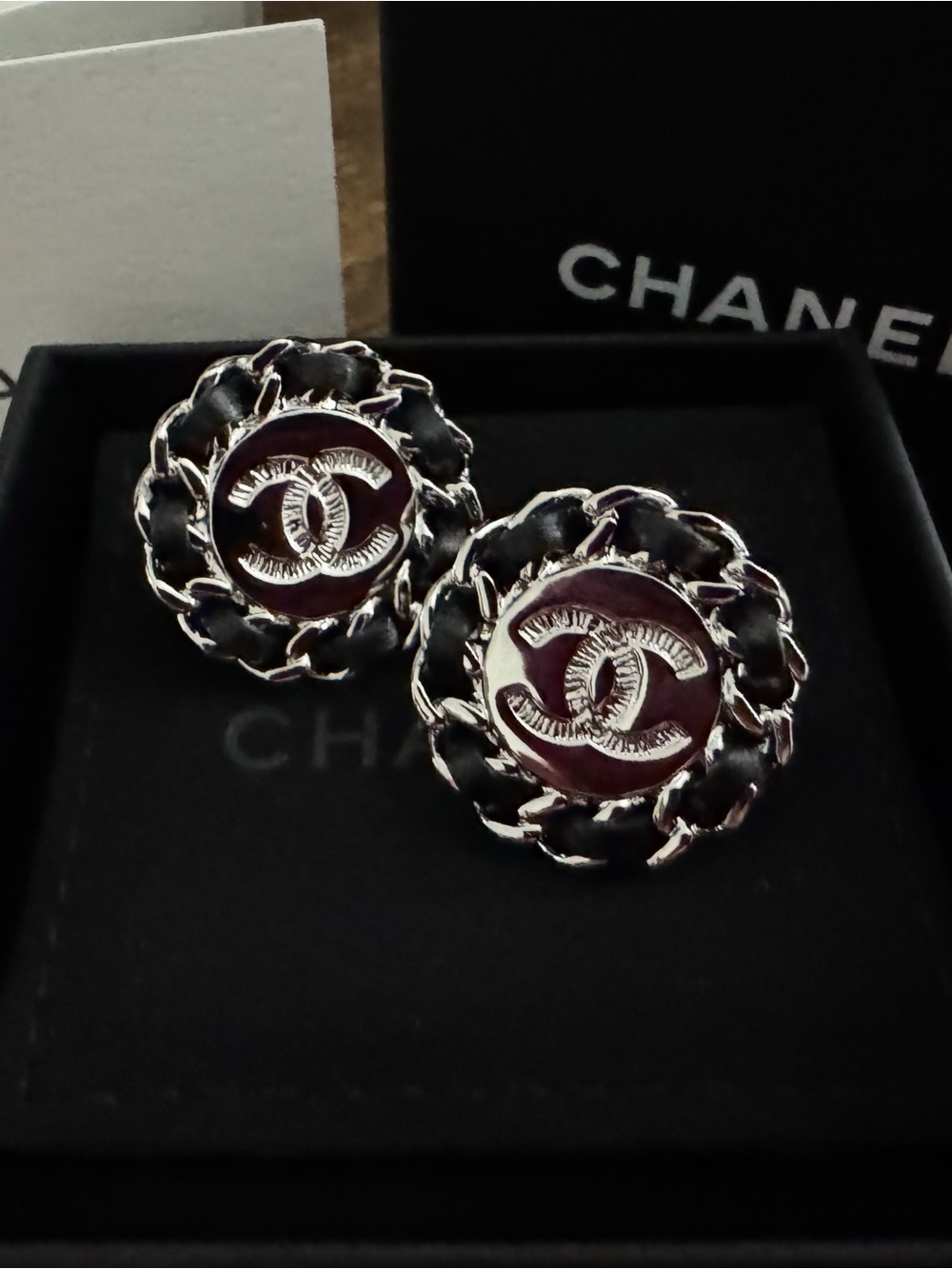 NEW CHANEL Leather Woven Silver CC Stud Earrings